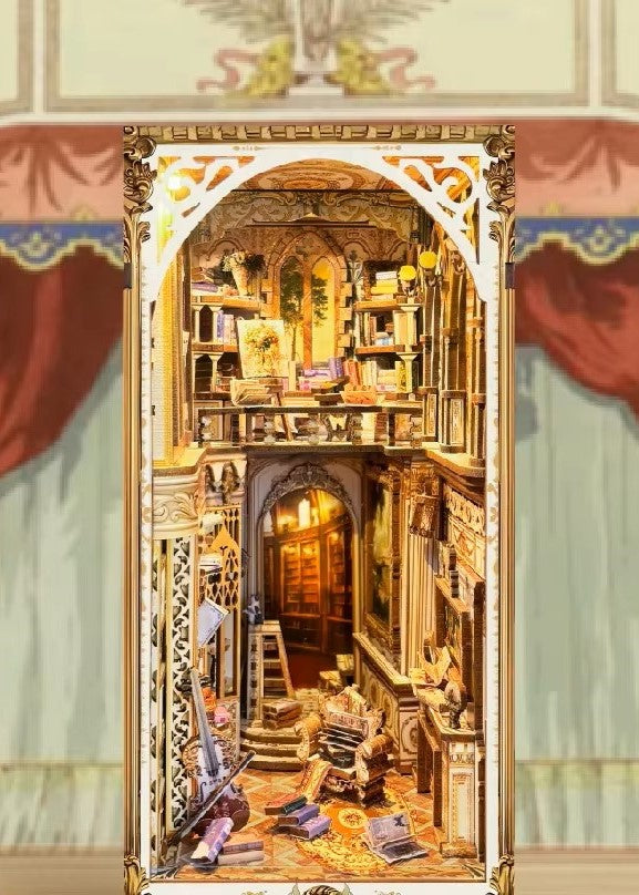 DIY Victorian library book nook kit with wooden shelves, tiny books, and vintage chair — perfect for miniature lovers, book nook fans, and DIY crafts.