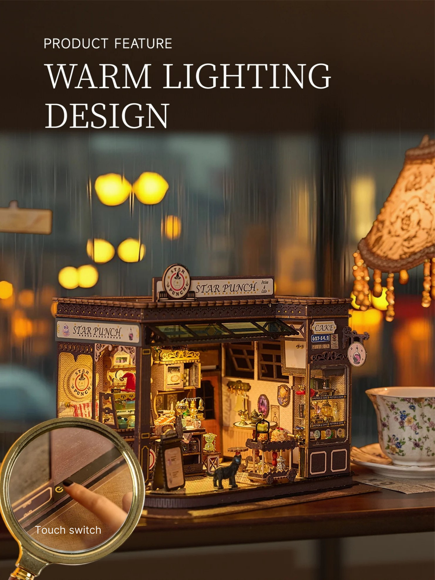 DIY miniature kit featuring “Potion Patisserie,” a whimsical cake and potion shop. Includes magical decor, sweets, golden teapots, and a black cat. Ideal for DIY and crafts lovers, fantasy collectors, and tiny dollhouse hobbyists.