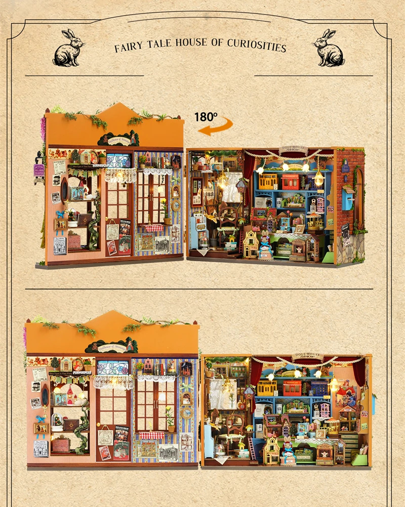 DIY Mini House kit featuring a whimsical miniature dollhouse store called “Once Upon a Time Dollhouse Shop,” with fairy tale décor, tiny dollhouses, and detailed interiors. Perfect for DIY and crafts lovers, miniature mansion collectors, and book nook enthusiasts looking for magical craft ideas.