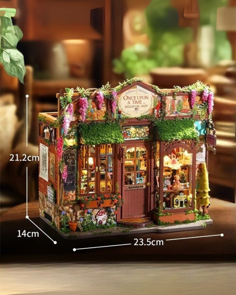DIY Mini House kit featuring a whimsical miniature dollhouse store called “Once Upon a Time Dollhouse Shop,” with fairy tale décor, tiny dollhouses, and detailed interiors. Perfect for DIY and crafts lovers, miniature mansion collectors, and book nook enthusiasts looking for magical craft ideas.
