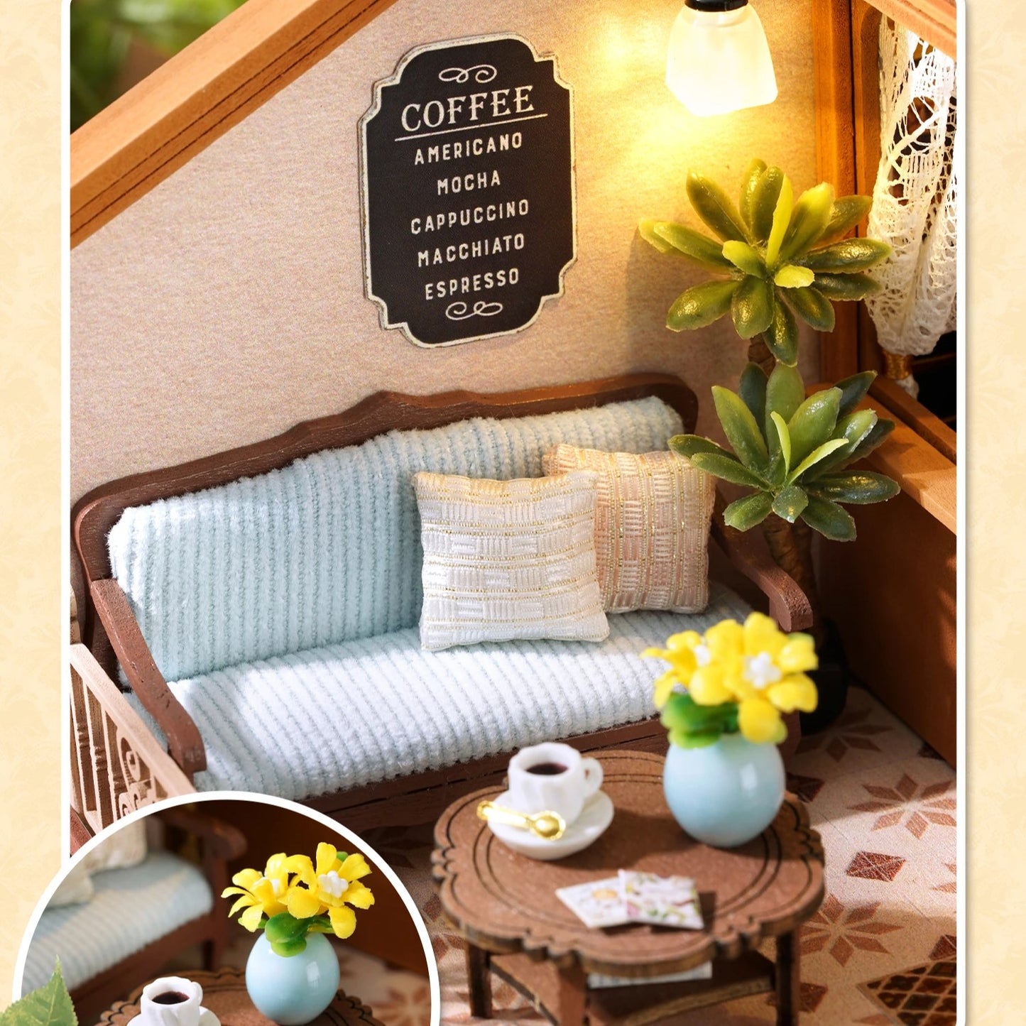 DIY mini house kit “Perch & Latte Loft,” featuring a cozy two-story coffee shop with a glowing café interior, reading nook, lace-curtained loft, and tiny desserts. A warm and detailed build for DIY and crafts lovers and fans of miniature homes.