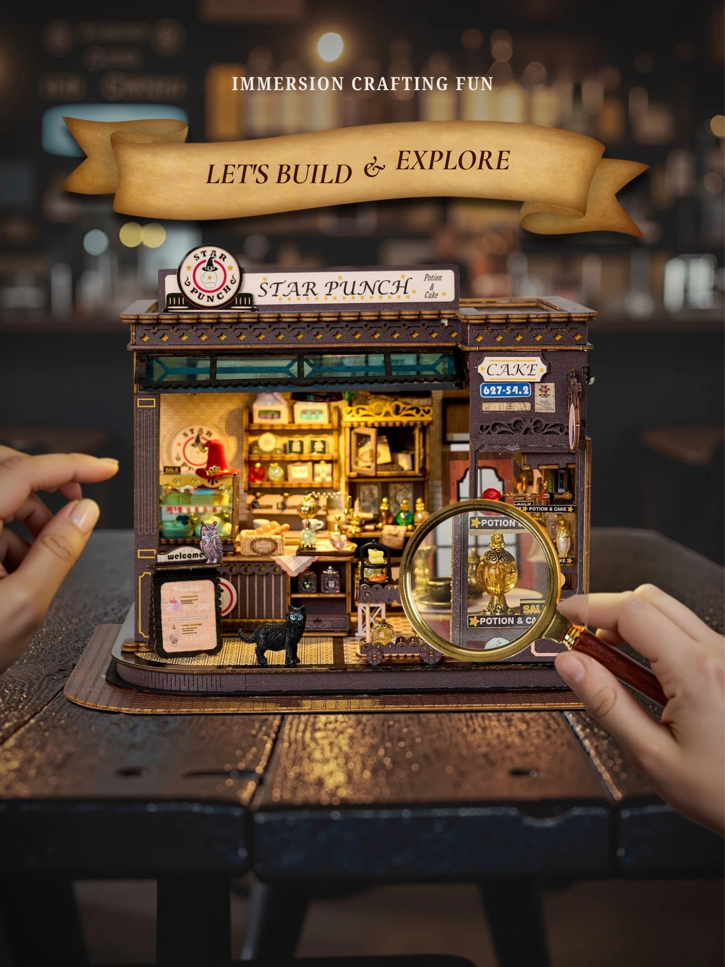 DIY miniature kit featuring “Potion Patisserie,” a whimsical cake and potion shop. Includes magical decor, sweets, golden teapots, and a black cat. Ideal for DIY and crafts lovers, fantasy collectors, and tiny dollhouse hobbyists.