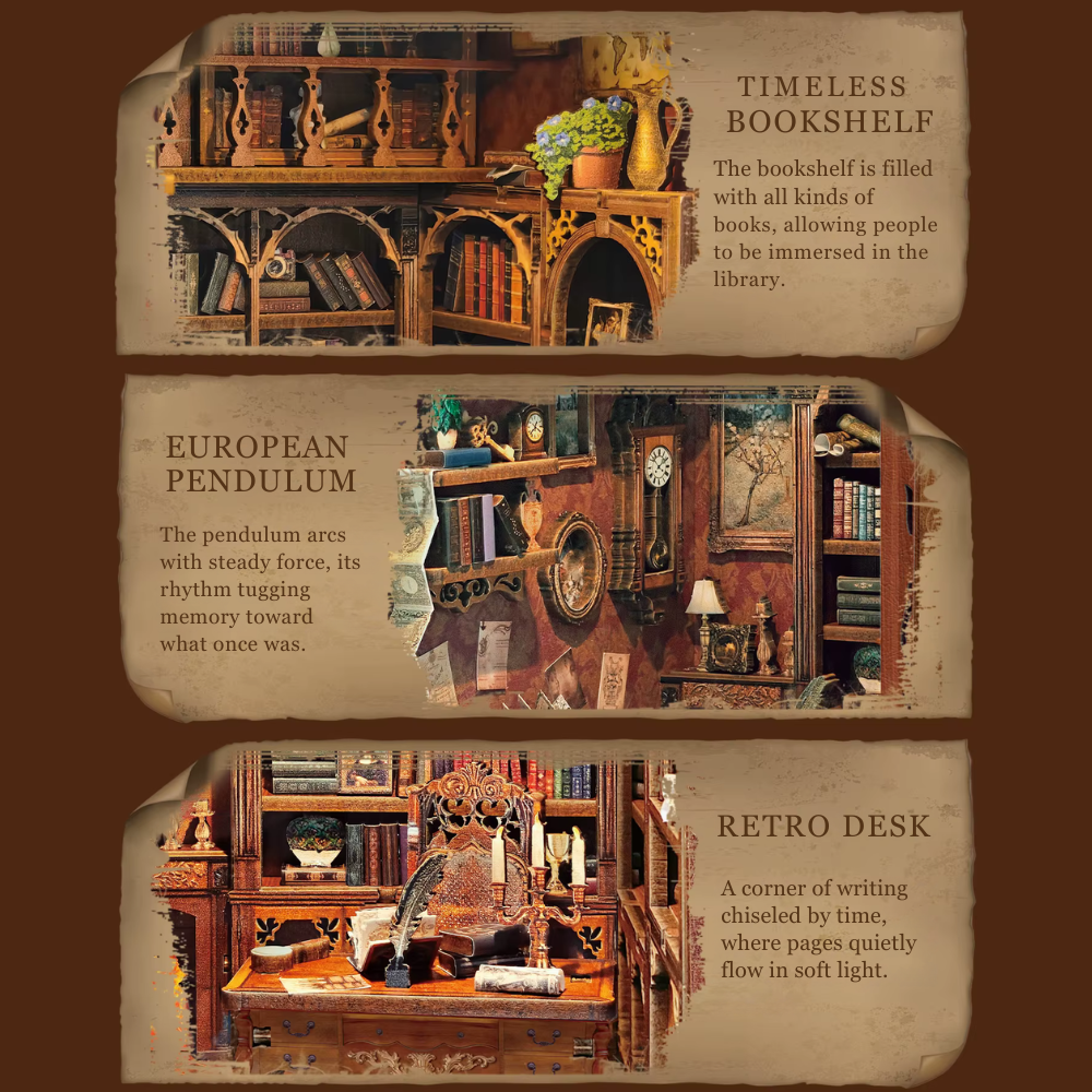 DIY book nook kit “Timekeeper’s Library,” featuring a charming home library with towering bookshelves, glowing lights, and a pendulum clock, An endearing DIY and crafts project for book nook collectors.