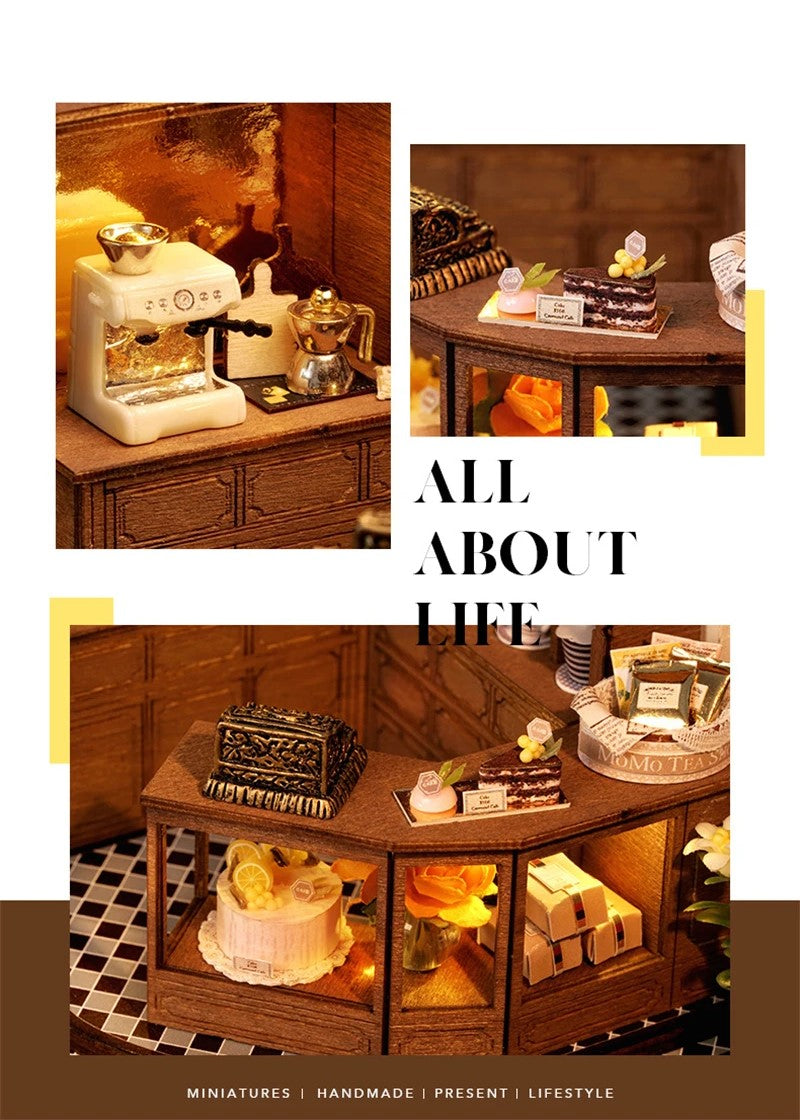 DIY miniature house kit of a two-story garden loft café with spiral stairs, tiny furniture, plants, and glowing lights – perfect for craft ideas, diy and crafts, miniature mansion lovers, and diy miniature home building.