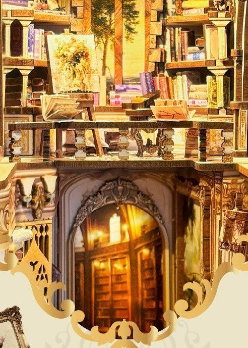DIY Victorian library book nook kit with wooden shelves, tiny books, and vintage chair — perfect for miniature lovers, book nook fans, and DIY crafts.