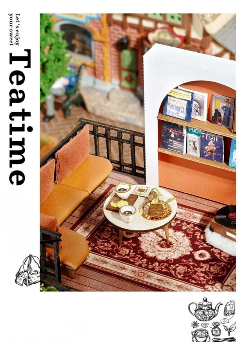 DIY miniature house kit of a two-story garden loft café with spiral stairs, tiny furniture, plants, and glowing lights – perfect for craft ideas, diy and crafts, miniature mansion lovers, and diy miniature home building.