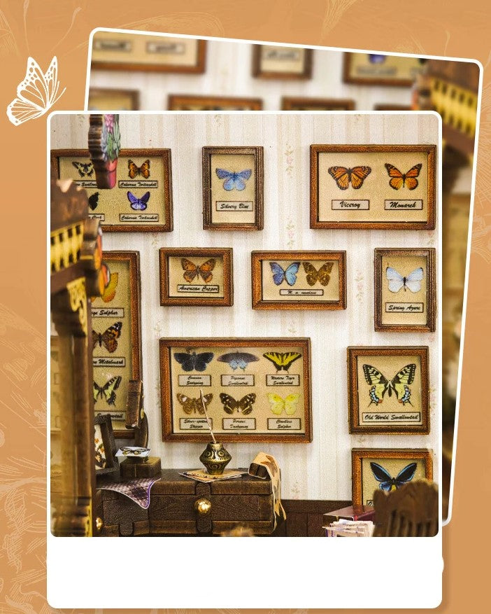 DIY book nook kit “Butterfly Cottage,” featuring a beautiful nature-themed miniature with butterflies, rocking chair, wooden signs, and blooming flowers. A peaceful DIY and crafts project perfect for miniature lovers.