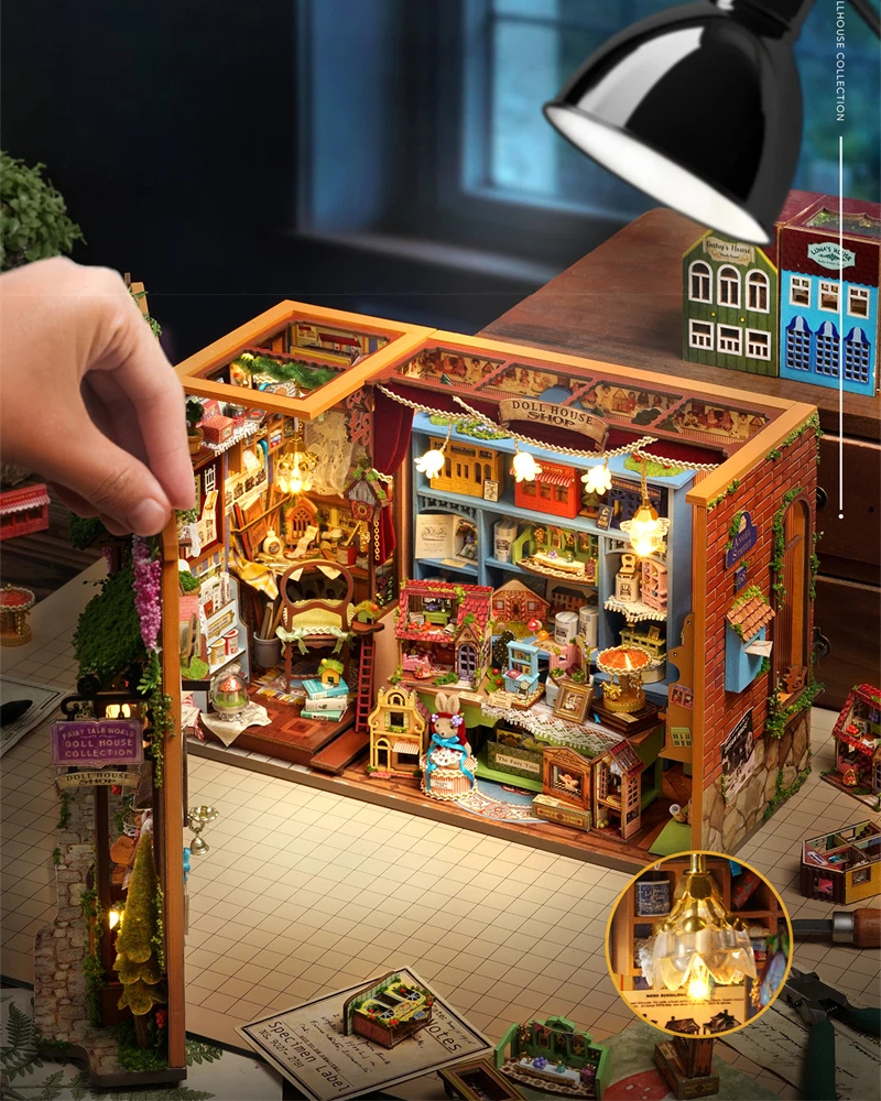 DIY Mini House kit featuring a whimsical miniature dollhouse store called “Once Upon a Time Dollhouse Shop,” with fairy tale décor, tiny dollhouses, and detailed interiors. Perfect for DIY and crafts lovers, miniature mansion collectors, and book nook enthusiasts looking for magical craft ideas.