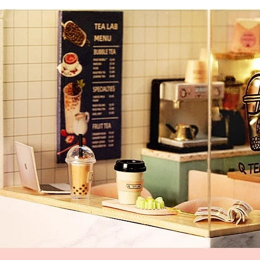 DIY miniature tea shop kit with pastel counters, bubble tea decor, and tiny accessories — perfect for miniatures lovers, DIY crafts, book nook fans, and small DIY house projects.