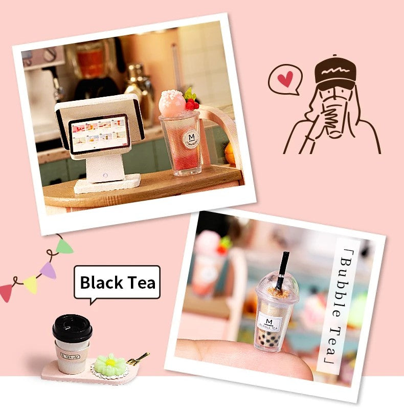 DIY miniature tea shop kit with pastel counters, bubble tea decor, and tiny accessories — perfect for miniatures lovers, DIY crafts, book nook fans, and small DIY house projects.