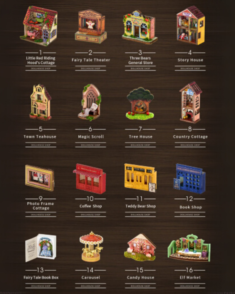 DIY Mini House kit featuring a whimsical miniature dollhouse store called “Once Upon a Time Dollhouse Shop,” with fairy tale décor, tiny dollhouses, and detailed interiors. Perfect for DIY and crafts lovers, miniature mansion collectors, and book nook enthusiasts looking for magical craft ideas.