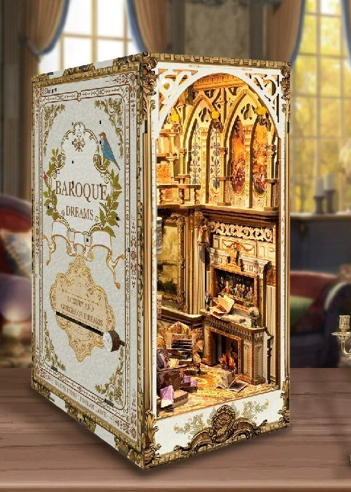 DIY Victorian library book nook kit with wooden shelves, tiny books, and vintage chair — perfect for miniature lovers, book nook fans, and DIY crafts.