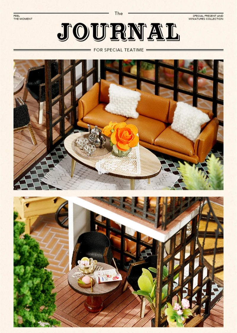 DIY miniature house kit of a two-story garden loft café with spiral stairs, tiny furniture, plants, and glowing lights – perfect for craft ideas, diy and crafts, miniature mansion lovers, and diy miniature home building.