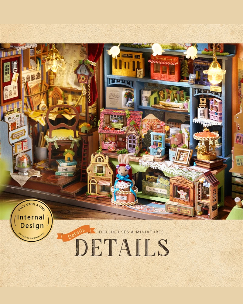 DIY Mini House kit featuring a whimsical miniature dollhouse store called “Once Upon a Time Dollhouse Shop,” with fairy tale décor, tiny dollhouses, and detailed interiors. Perfect for DIY and crafts lovers, miniature mansion collectors, and book nook enthusiasts looking for magical craft ideas.