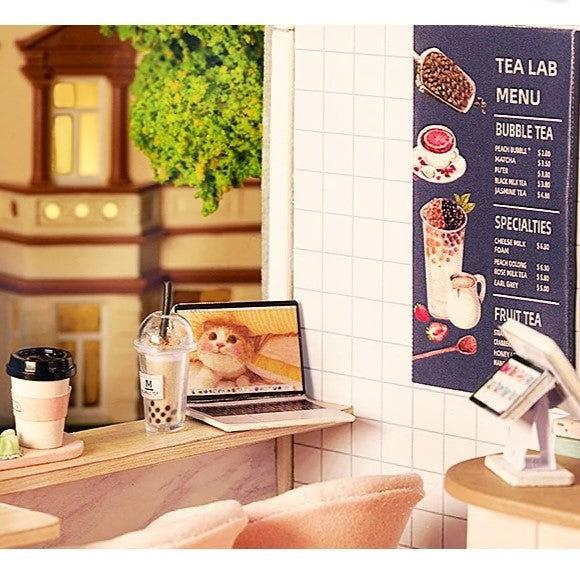 DIY miniature tea shop kit with pastel counters, bubble tea decor, and tiny accessories — perfect for miniatures lovers, DIY crafts, book nook fans, and small DIY house projects.