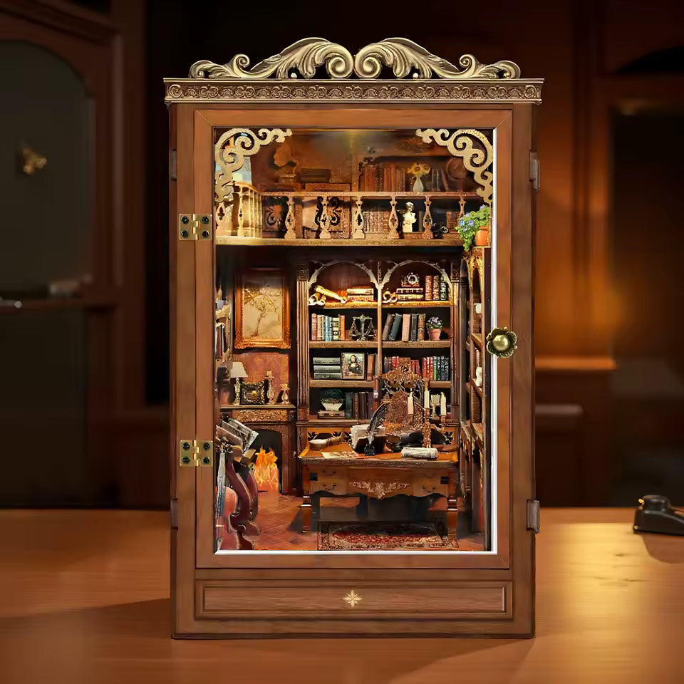 DIY book nook kit “Timekeeper’s Library,” featuring a charming home library with towering bookshelves, glowing lights, and a pendulum clock, An endearing DIY and crafts project for book nook collectors.