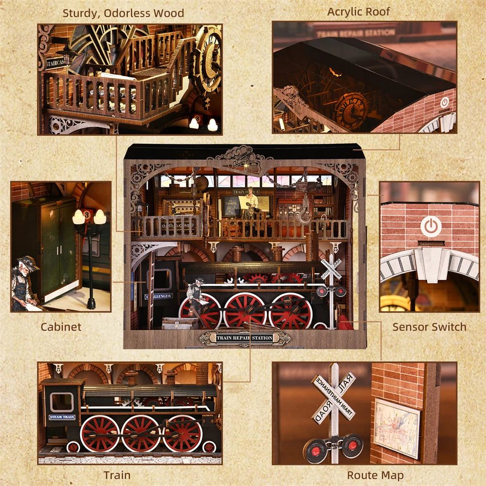 DIY miniature house kit of a vintage locomotive train repair station with intricate gears, scale model train, and glowing interior lights – perfect for craft ideas, DIY and crafts, miniature mansion lovers, and DIY book nook kit collectors.