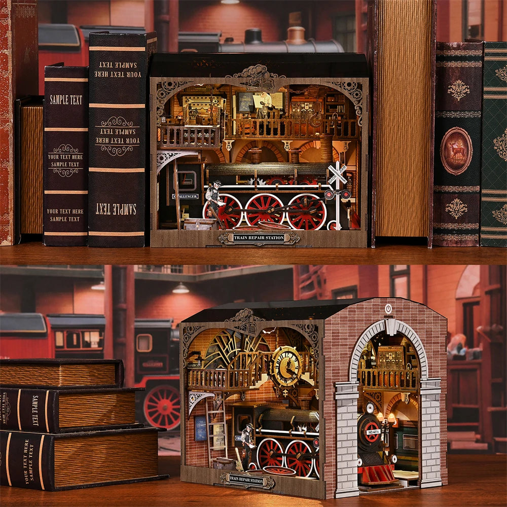 DIY miniature house kit of a vintage locomotive train repair station with intricate gears, scale model train, and glowing interior lights – perfect for craft ideas, DIY and crafts, miniature mansion lovers, and DIY book nook kit collectors.
