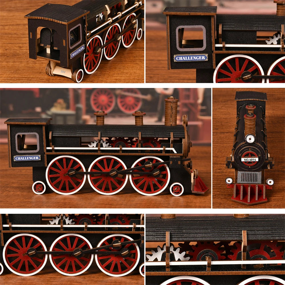 DIY miniature house kit of a vintage locomotive train repair station with intricate gears, scale model train, and glowing interior lights – perfect for craft ideas, DIY and crafts, miniature mansion lovers, and DIY book nook kit collectors.