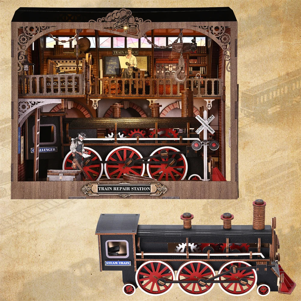 DIY miniature house kit of a vintage locomotive train repair station with intricate gears, scale model train, and glowing interior lights – perfect for craft ideas, DIY and crafts, miniature mansion lovers, and DIY book nook kit collectors.