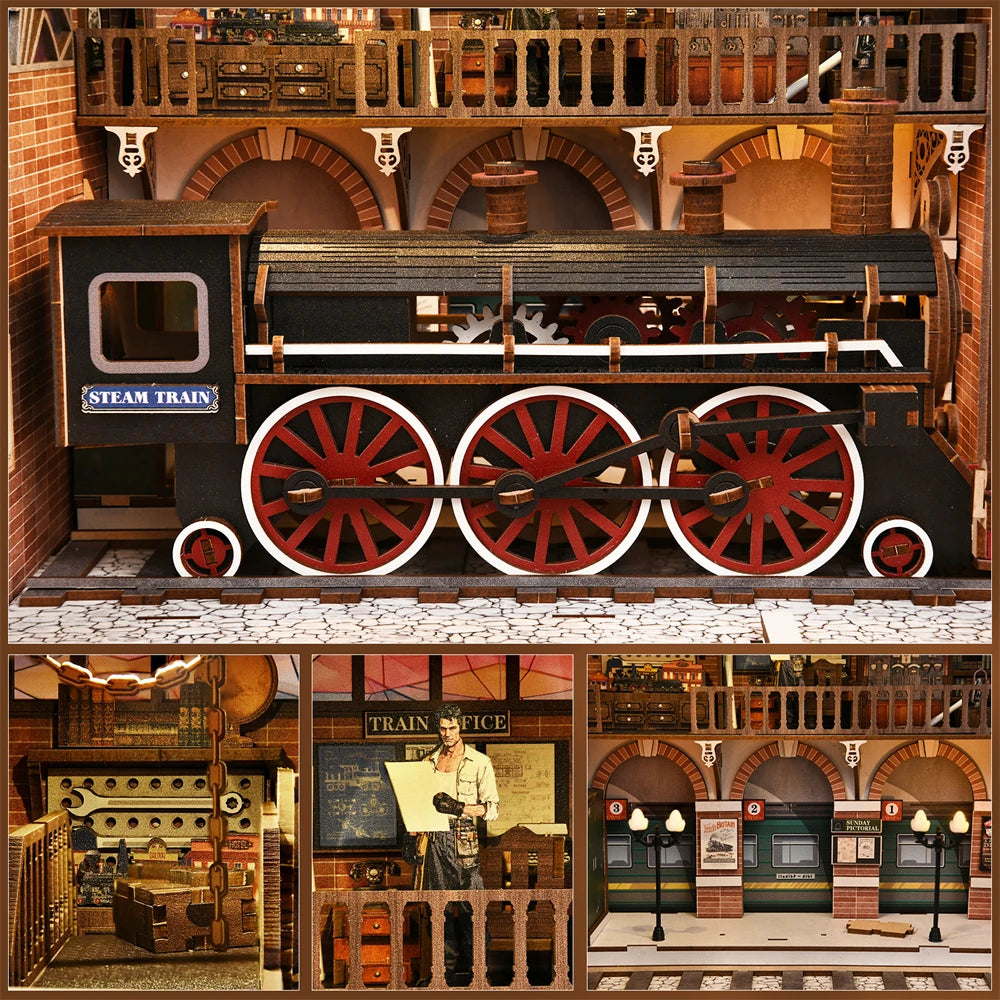 DIY miniature house kit of a vintage locomotive train repair station with intricate gears, scale model train, and glowing interior lights – perfect for craft ideas, DIY and crafts, miniature mansion lovers, and DIY book nook kit collectors.