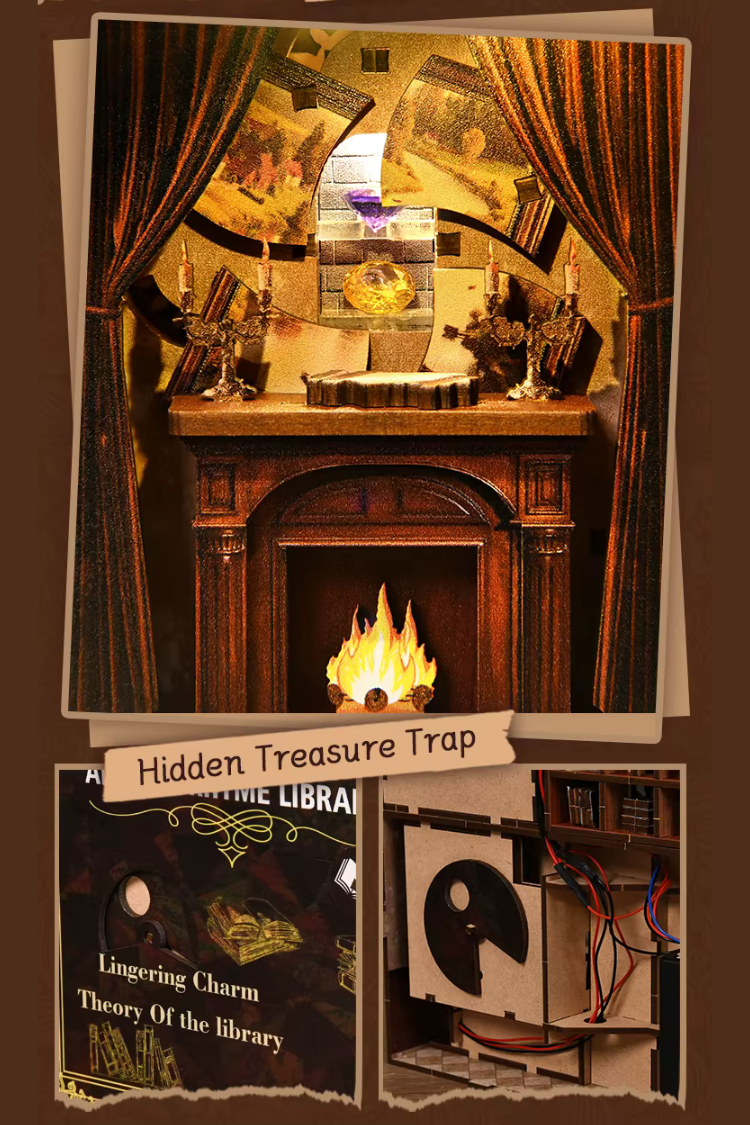 DIY book nook of an antique library scene with gothic-style arches, spiral stairs, a cozy reading nook, and glowing lamplight, styled in dark academia tones.