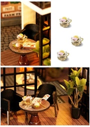DIY miniature house kit of a two-story garden loft café with spiral stairs, tiny furniture, plants, and glowing lights – perfect for craft ideas, diy and crafts, miniature mansion lovers, and diy miniature home building.