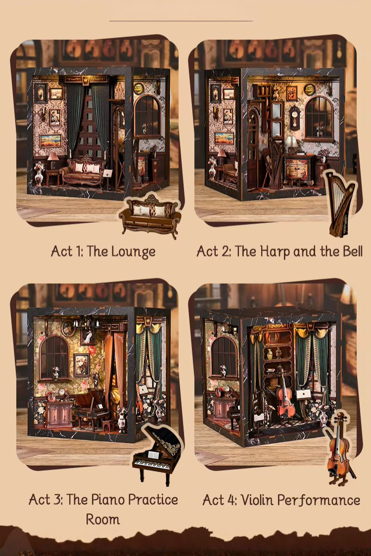 DIY miniature house with four connected scenes: a Victorian-style lounge, a hallway with a harp and bell, a floral piano practice room, and a richly decorated violin performance stage—each side forming a corner of a cube-shaped music-themed diorama.