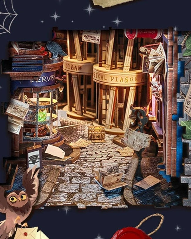 DIY Magic Night Alley book nook kit styled like a wizard’s alley, featuring magical props and glowing details — perfect for DIY and crafts, making miniatures, and book-lover gifts.