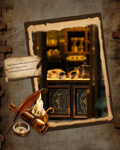 Miniature DIY book nook of a dark vintage-style café with glowing warm lights, ornate black storefront, and a coffee sign that reads “Jadeite Coffee.”