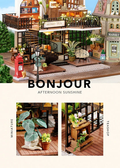 DIY miniature house kit of a two-story garden loft café with spiral stairs, tiny furniture, plants, and glowing lights – perfect for craft ideas, diy and crafts, miniature mansion lovers, and diy miniature home building.
