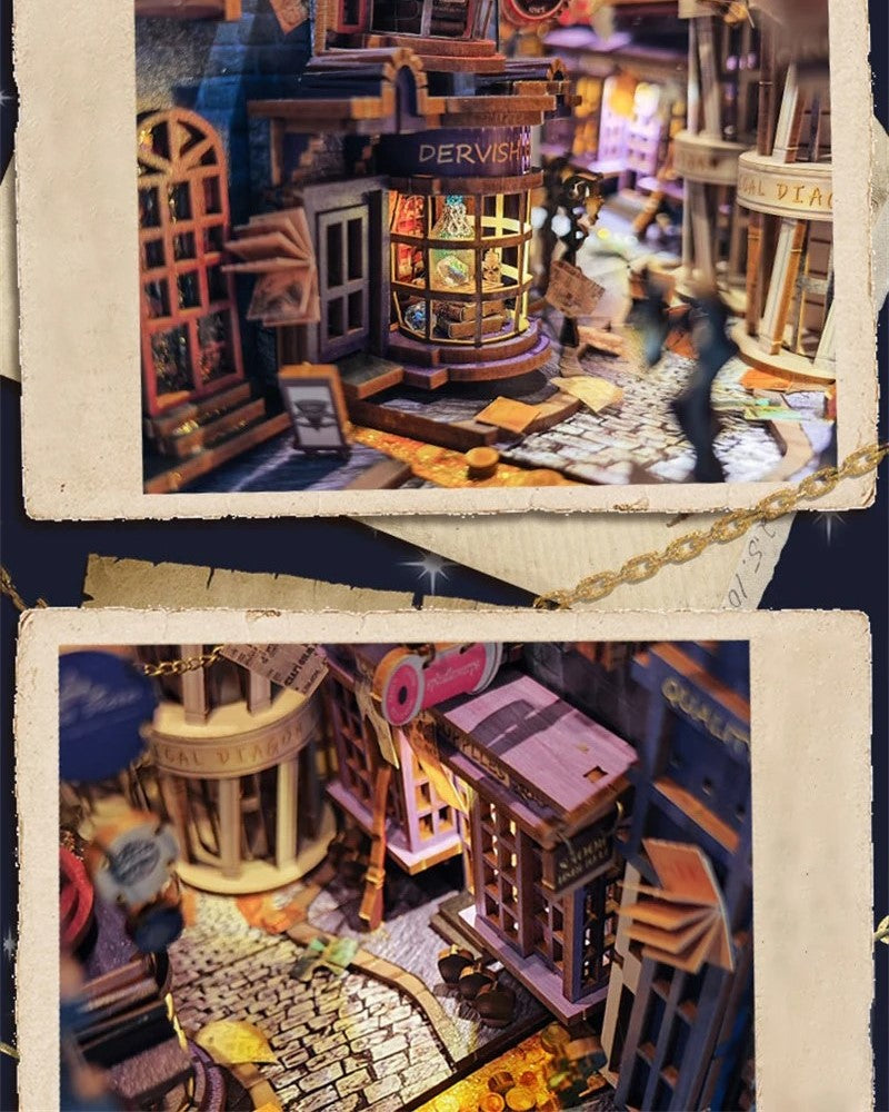 DIY Magic Night Alley book nook kit styled like a wizard’s alley, featuring magical props and glowing details — perfect for DIY and crafts, making miniatures, and book-lover gifts.