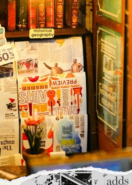DIY book nook kit featuring a miniature bookstore with tiny books, shelves, cozy lighting, and vintage details — ideal for fans of miniatures, DIY crafts, scale models, and small DIY houses.