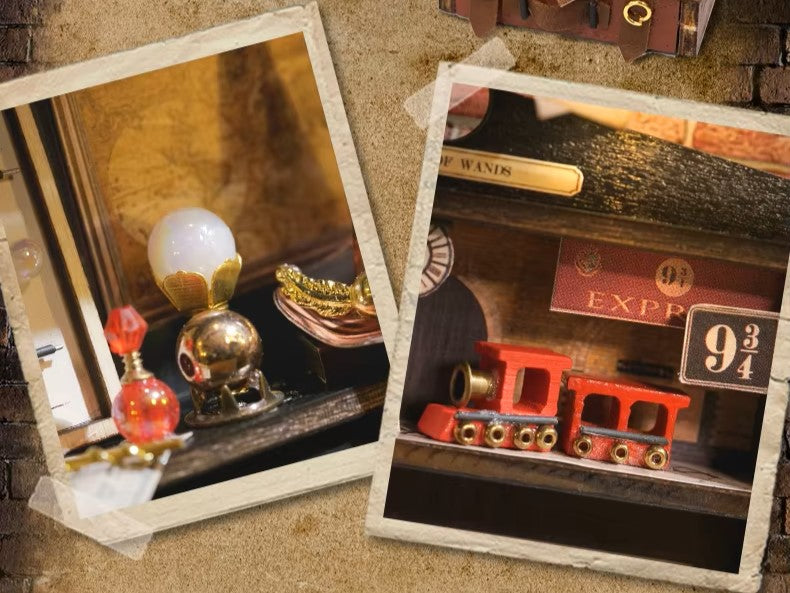 DIY miniature magic shop kit with tiny potions, spell books, glowing lights, and detailed scale model decor — perfect for miniature collectors, DIY crafts, and small DIY house lovers.