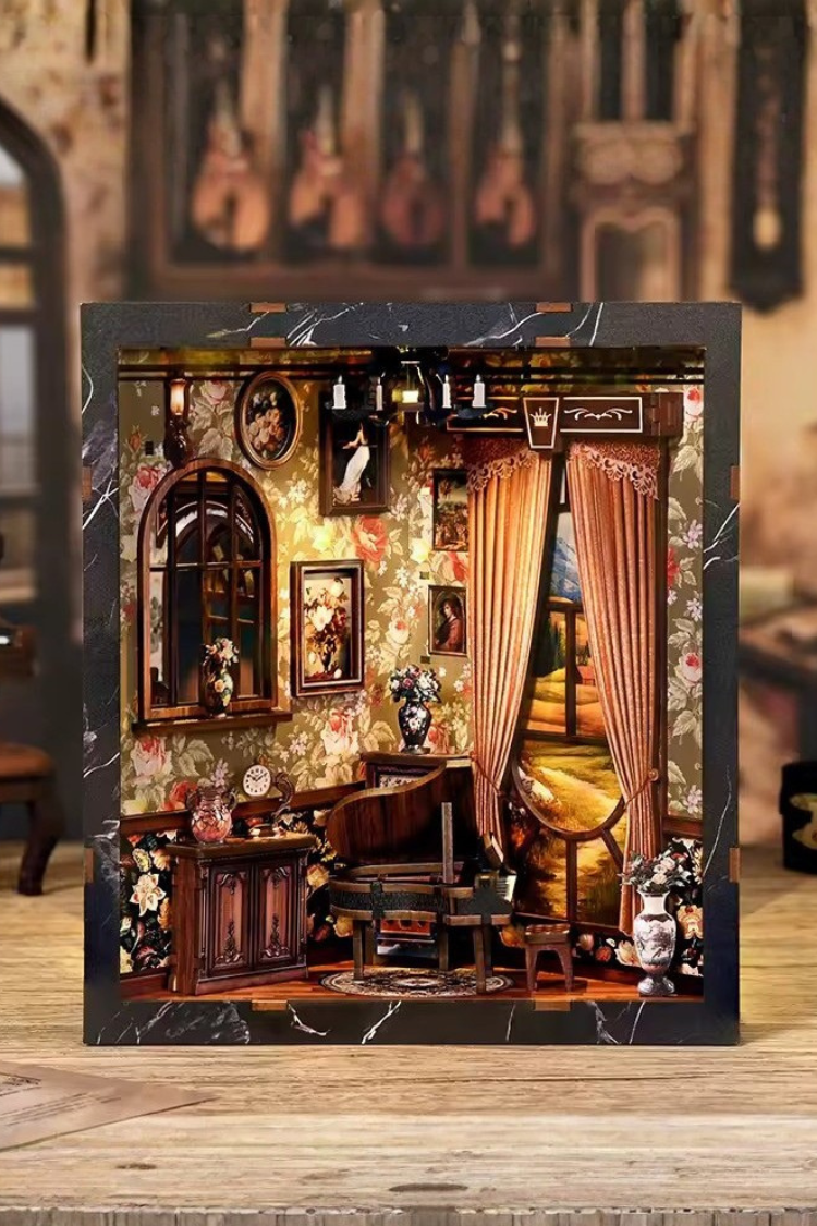 DIY miniature house with four connected scenes: a Victorian-style lounge, a hallway with a harp and bell, a floral piano practice room, and a richly decorated violin performance stage—each side forming a corner of a cube-shaped music-themed diorama.