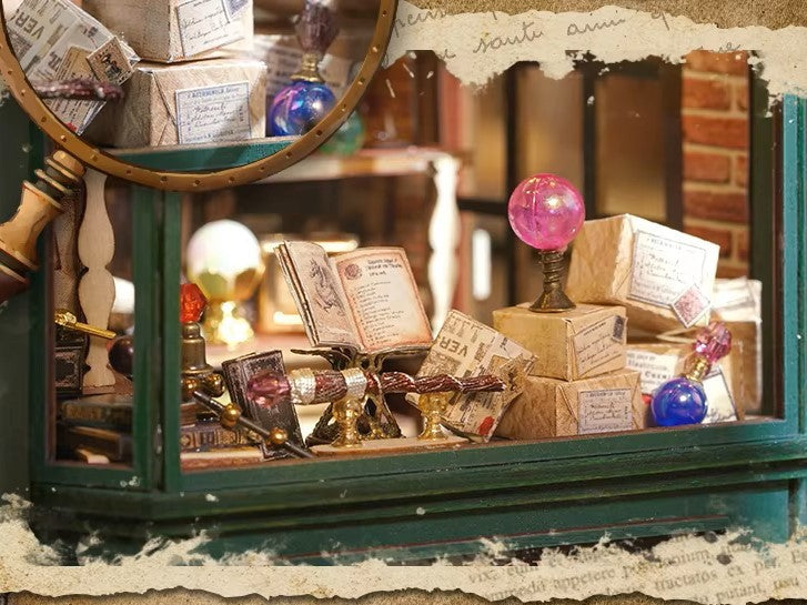 DIY miniature magic shop kit with tiny potions, spell books, glowing lights, and detailed scale model decor — perfect for miniature collectors, DIY crafts, and small DIY house lovers.