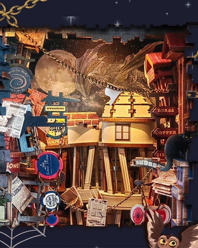 DIY Magic Night Alley book nook kit styled like a wizard’s alley, featuring magical props and glowing details — perfect for DIY and crafts, making miniatures, and book-lover gifts.