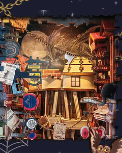 DIY Magic Night Alley book nook kit styled like a wizard’s alley, featuring magical props and glowing details — perfect for DIY and crafts, making miniatures, and book-lover gifts.