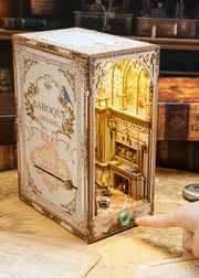 DIY Victorian library book nook kit with wooden shelves, tiny books, and vintage chair — perfect for miniature lovers, book nook fans, and DIY crafts.