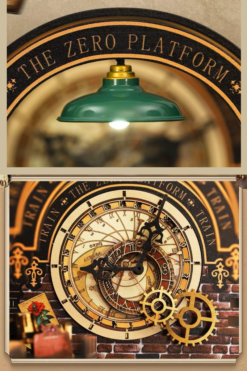 DIY book nook kit “Platform Arcane,” featuring a mechanical fantasy train station with glowing lights, gears, arched glass roof, red locomotive, and magical details. Ideal for DIY and crafts lovers, fantasy readers, and miniature train enthusiasts.