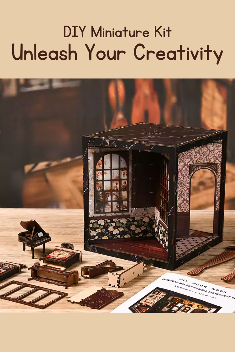 DIY miniature house with four connected scenes: a Victorian-style lounge, a hallway with a harp and bell, a floral piano practice room, and a richly decorated violin performance stage—each side forming a corner of a cube-shaped music-themed diorama.