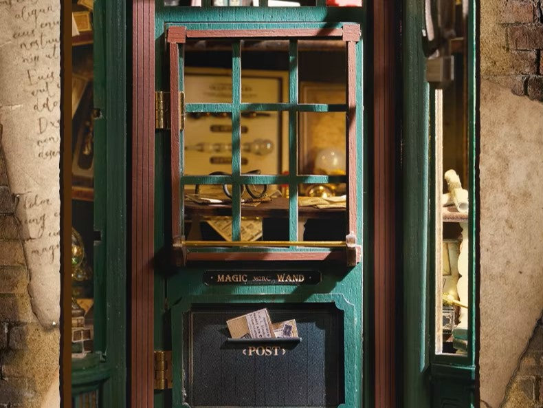 DIY miniature magic shop kit with tiny potions, spell books, glowing lights, and detailed scale model decor — perfect for miniature collectors, DIY crafts, and small DIY house lovers.