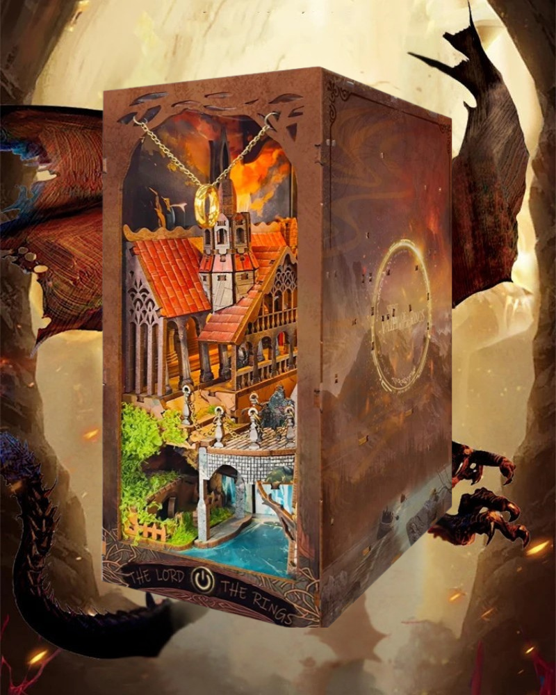 DIY fantasy book nook kit featuring a dragon-themed miniature valley with stone bridges, rooftops, and glowing landscape — ideal for miniature fans, DIY crafts, and book nook collectors.