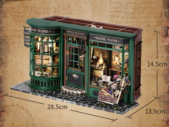 DIY miniature magic shop kit with tiny potions, spell books, glowing lights, and detailed scale model decor — perfect for miniature collectors, DIY crafts, and small DIY house lovers.