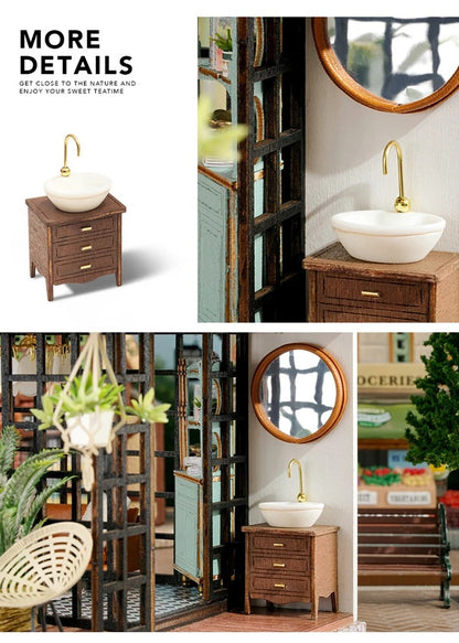 DIY miniature house kit of a two-story garden loft café with spiral stairs, tiny furniture, plants, and glowing lights – perfect for craft ideas, diy and crafts, miniature mansion lovers, and diy miniature home building.