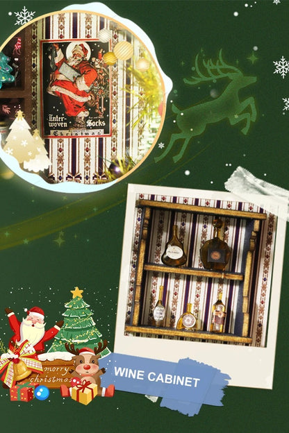 DIY miniature Christmas shop called “Jolly & Pine Christmas Shoppe,” featuring snow-dusted rooftops, holiday lights, a sleigh, Christmas tree, and cozy window displays. Ideal for holiday crafts, DIY mini home kits, and miniature house collectors.