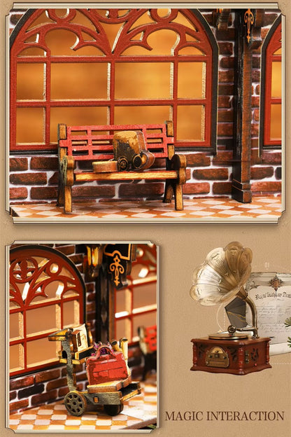 DIY book nook kit “Platform Arcane,” featuring a mechanical fantasy train station with glowing lights, gears, arched glass roof, red locomotive, and magical details. Ideal for DIY and crafts lovers, fantasy readers, and miniature train enthusiasts.