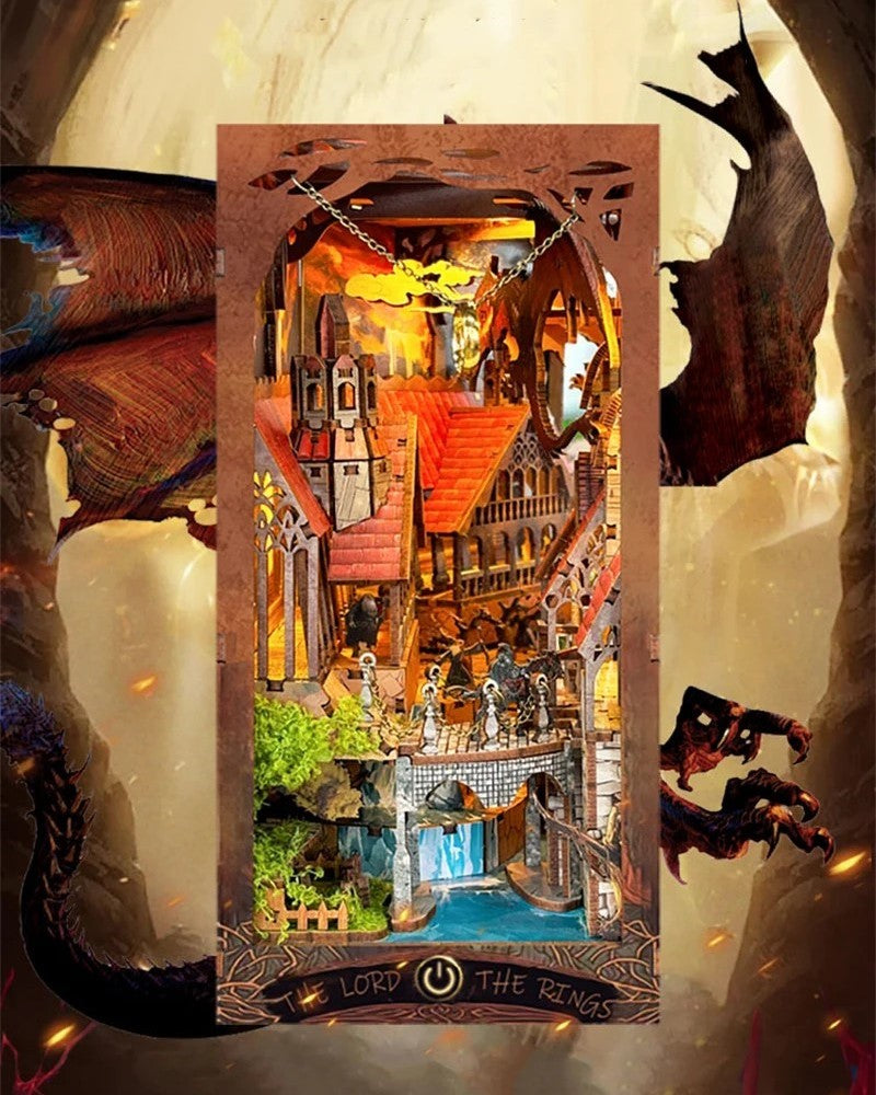 DIY fantasy book nook kit featuring a dragon-themed miniature valley with stone bridges, rooftops, and glowing landscape — ideal for miniature fans, DIY crafts, and book nook collectors.