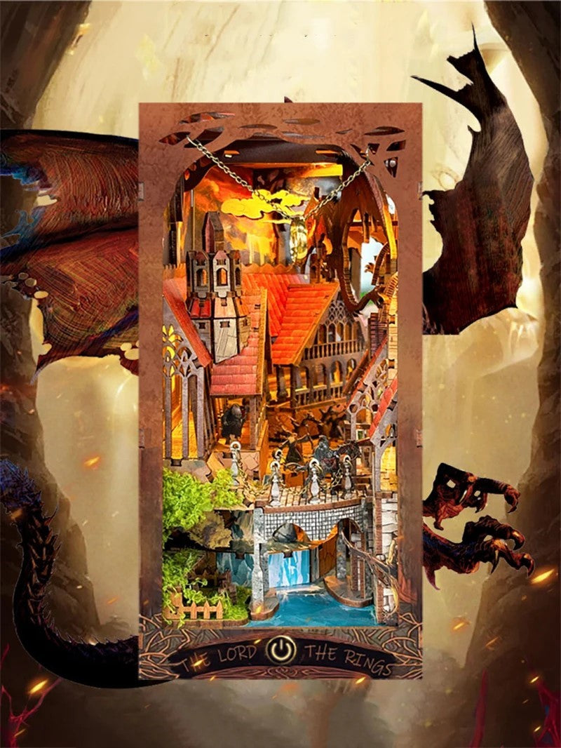 DIY fantasy book nook kit featuring a dragon-themed miniature valley with stone bridges, rooftops, and glowing landscape — ideal for miniature fans, DIY crafts, and book nook collectors.