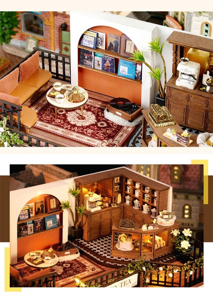 DIY miniature house kit of a two-story garden loft café with spiral stairs, tiny furniture, plants, and glowing lights – perfect for craft ideas, diy and crafts, miniature mansion lovers, and diy miniature home building.